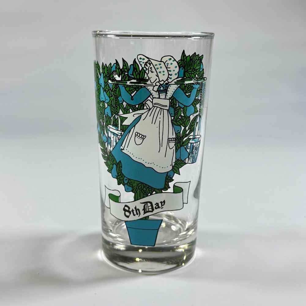 VTG 12 Days of Christmas‎ Glass Tumbler 8th Day Maiden Milking Blue Green 12oz